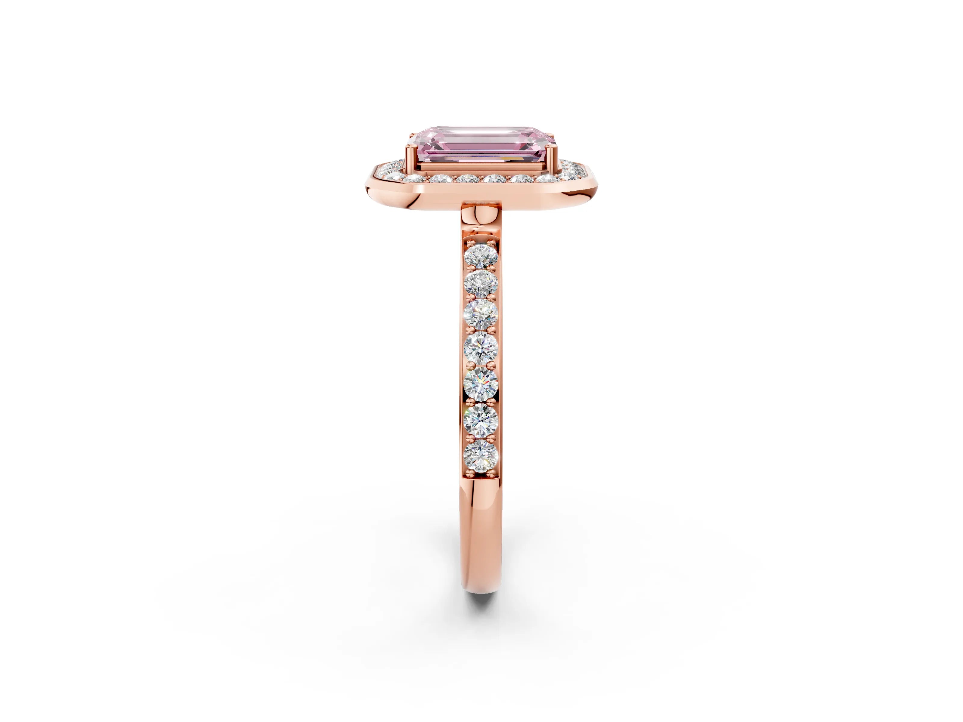 Rose gold Fancy Pink Emerald Cut Diamond Halo Ring with Bezel Frame and Pavé Band_2