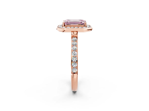 Rose gold Fancy Pink Emerald Cut Diamond Halo Ring with Bezel Frame and Pavé Band