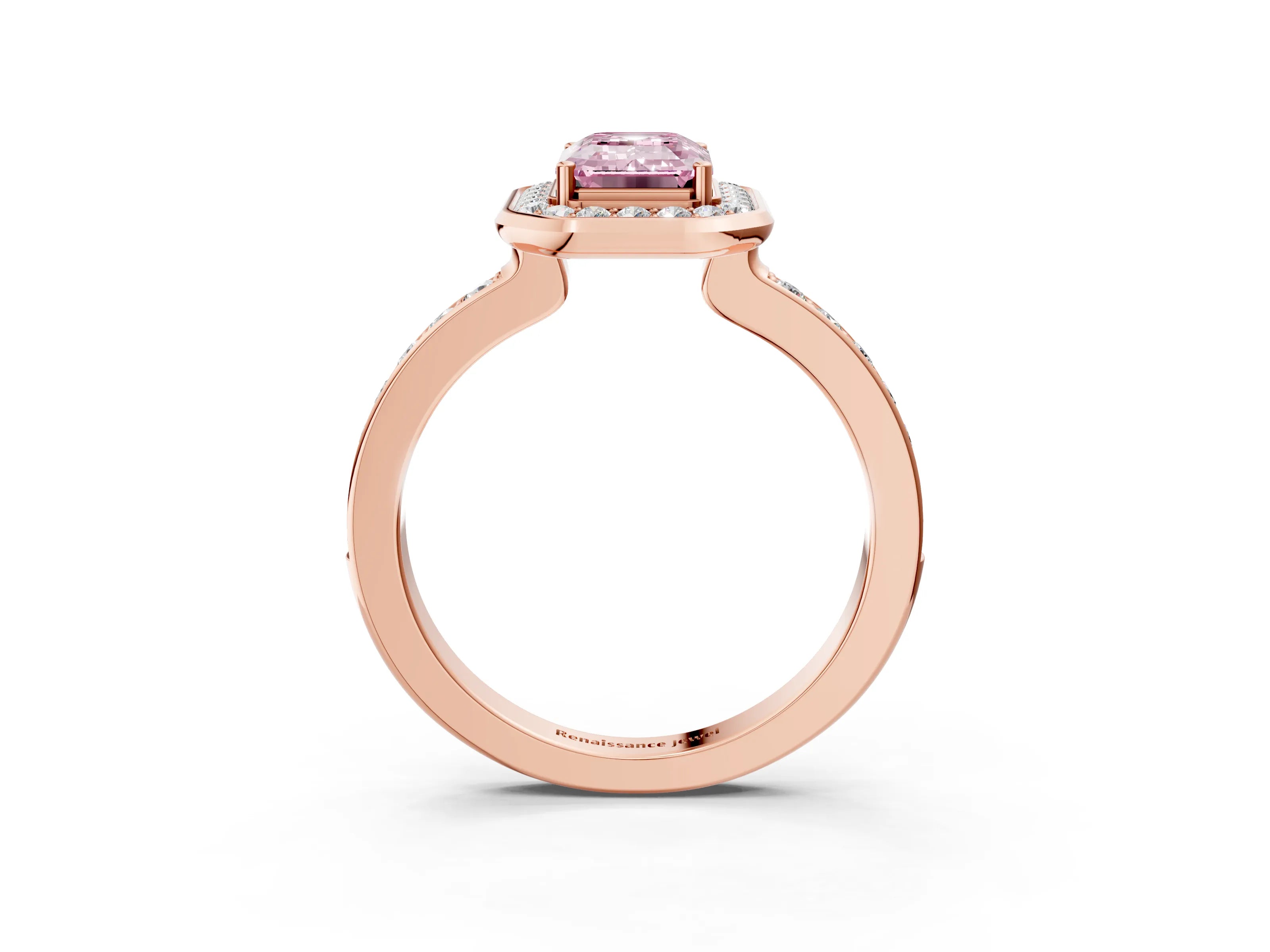 Rose gold Fancy Pink Emerald Cut Diamond Halo Ring with Bezel Frame and Pavé Band_3