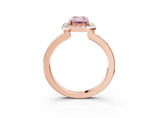 Rose gold Fancy Pink Emerald Cut Diamond Halo Ring with Bezel Frame and Pavé Band