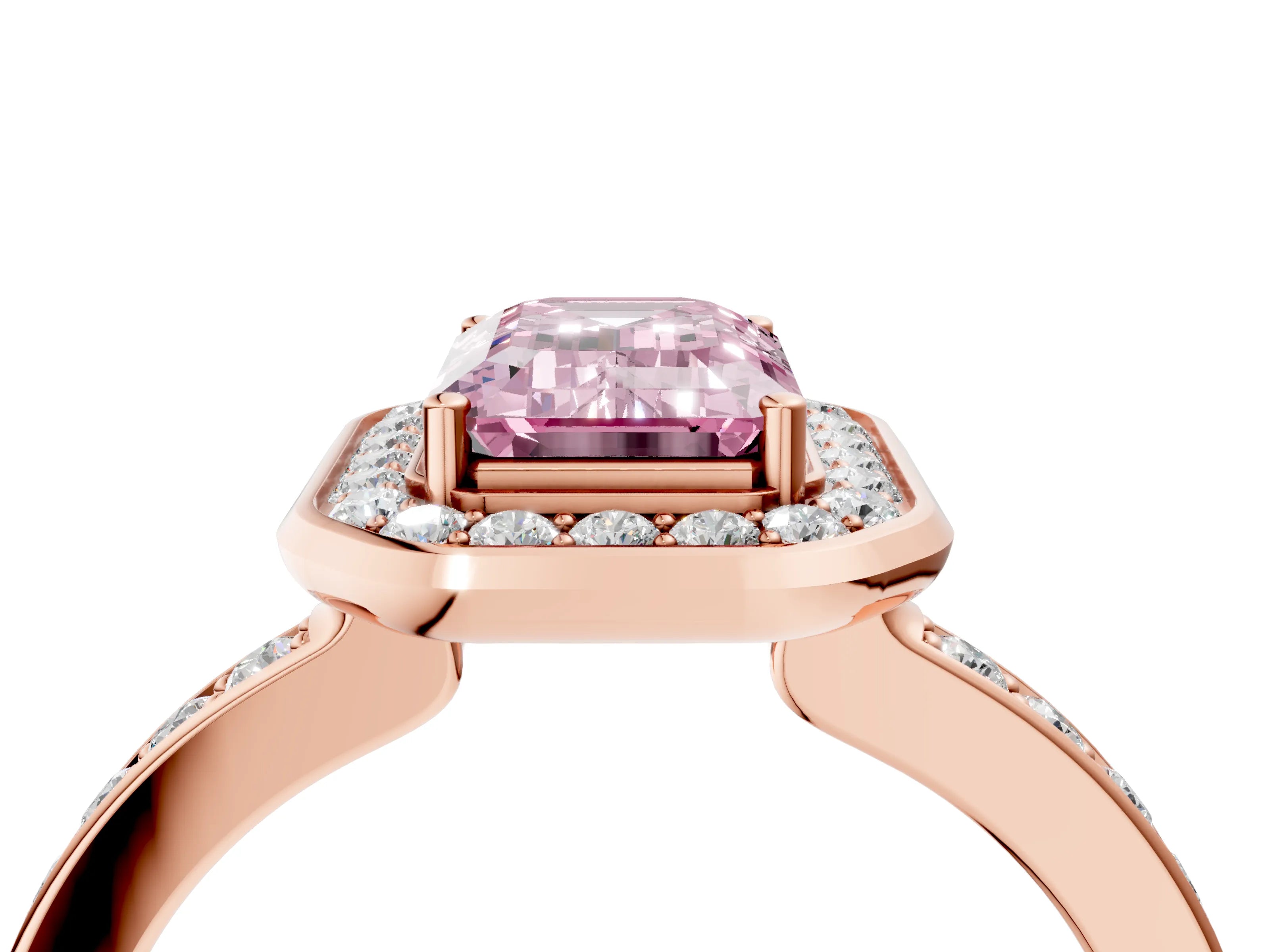 Rose gold Fancy Pink Emerald Cut Diamond Halo Ring with Bezel Frame and Pavé Band_4