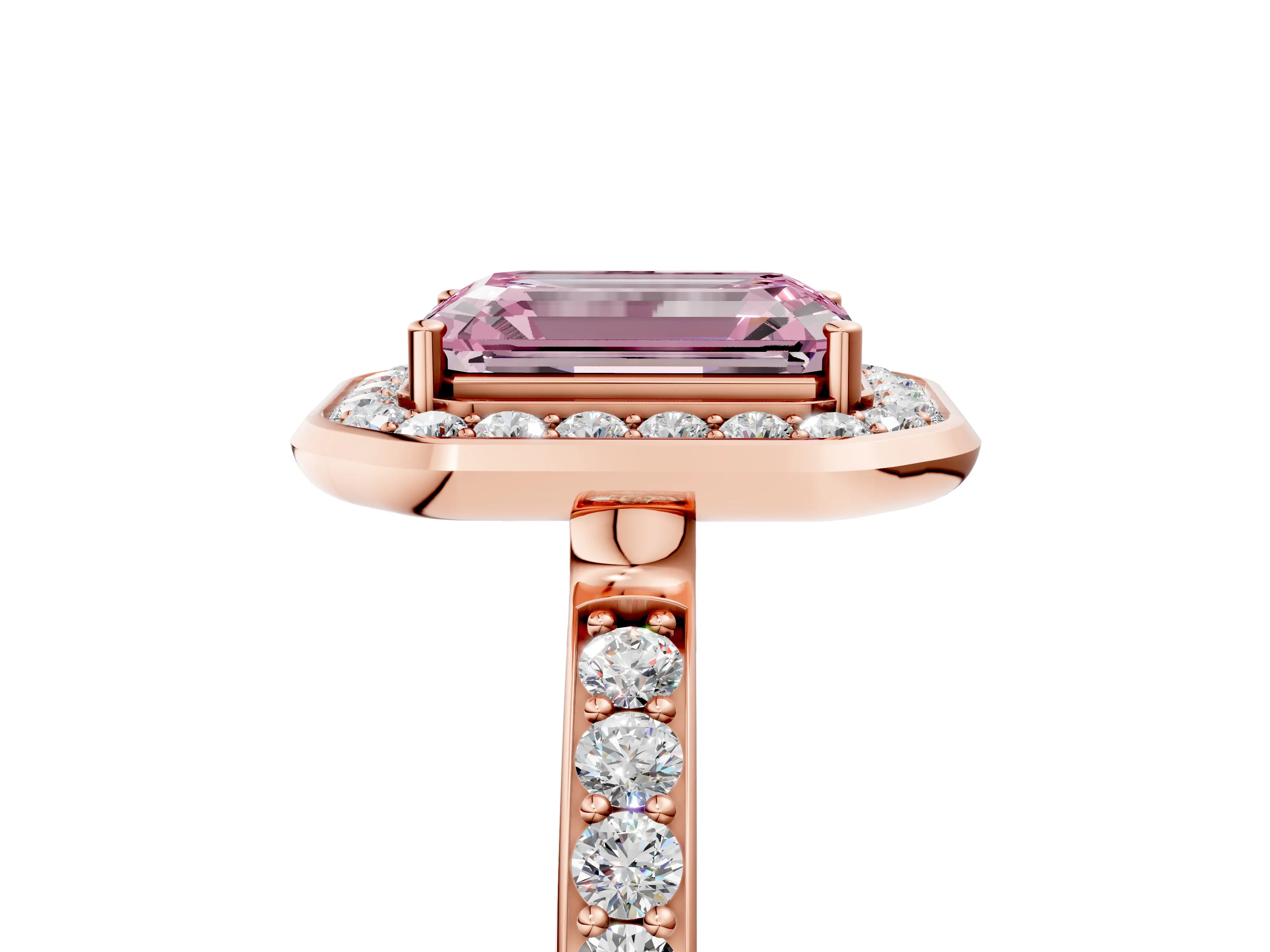 Rose gold Fancy Pink Emerald Cut Diamond Halo Ring with Bezel Frame and Pavé Band_5