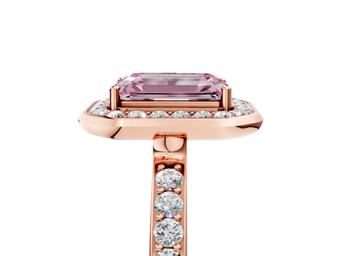 Rose gold Fancy Pink Emerald Cut Diamond Halo Ring with Bezel Frame and Pavé Band_5
