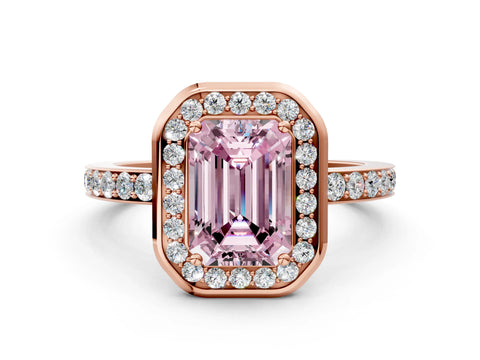 Rose gold Fancy Pink Emerald Cut Diamond Halo Ring with Bezel Frame and Pavé Band