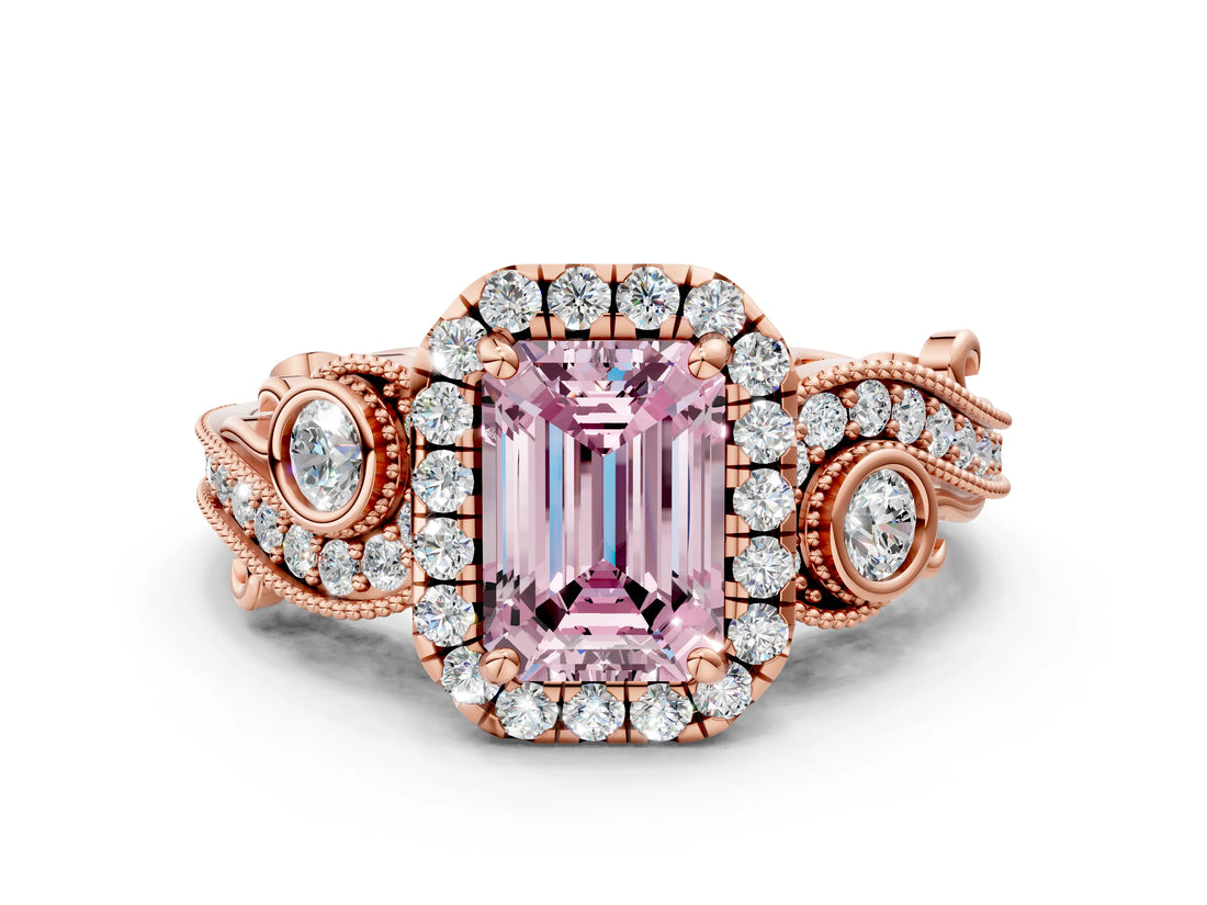 Rose gold Fancy Pink Emerald Cut Diamond Halo Ring with Milgrain Pavé Band and Four-Prong Setting_37