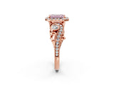 Rose gold Fancy Pink Emerald Cut Diamond Halo Ring with Milgrain Pavé Band and Four-Prong Setting_39