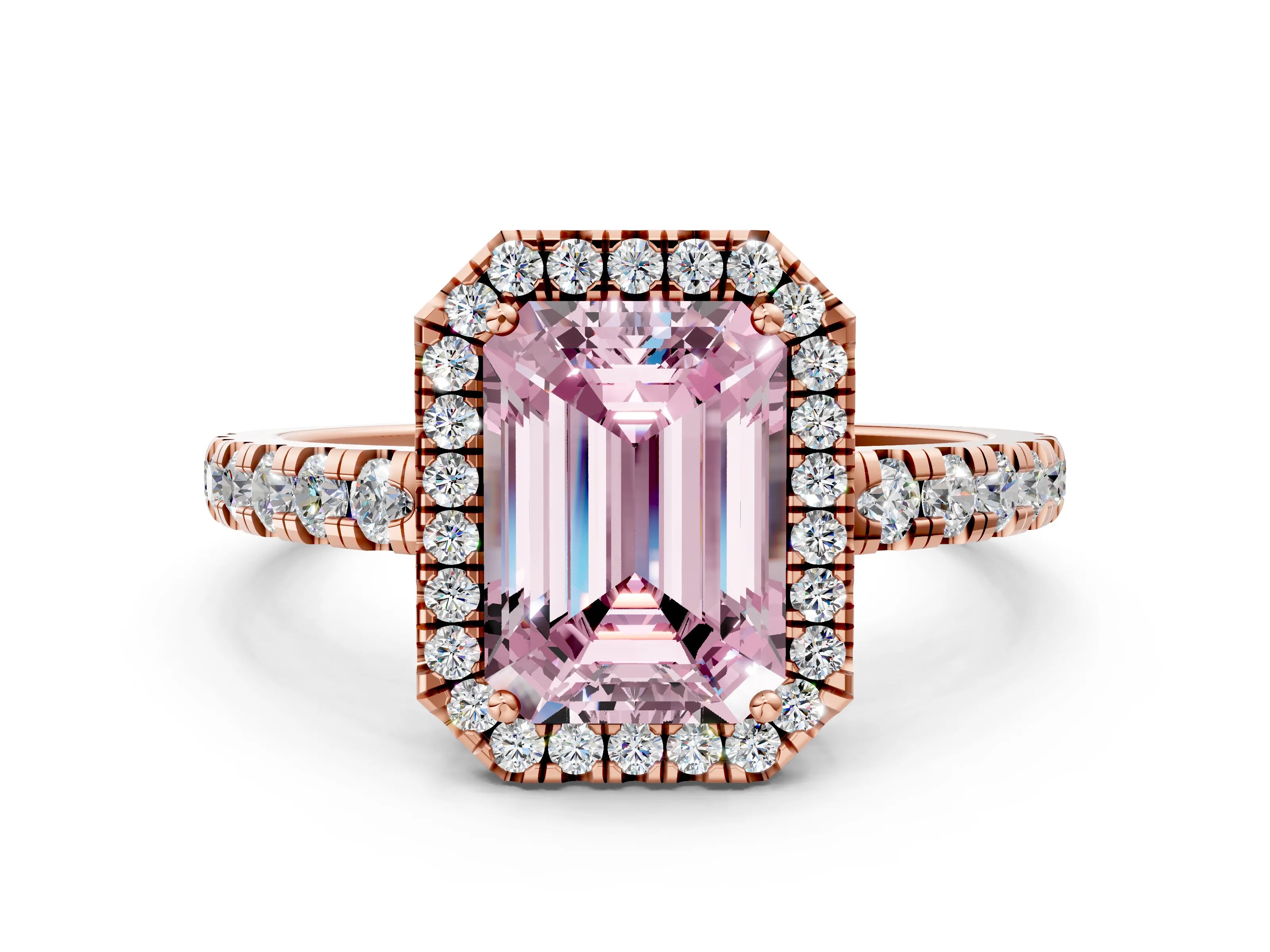 Rose gold Fancy Pink Emerald Cut Diamond Halo Ring with Pavé Band and Four-Prong Setting