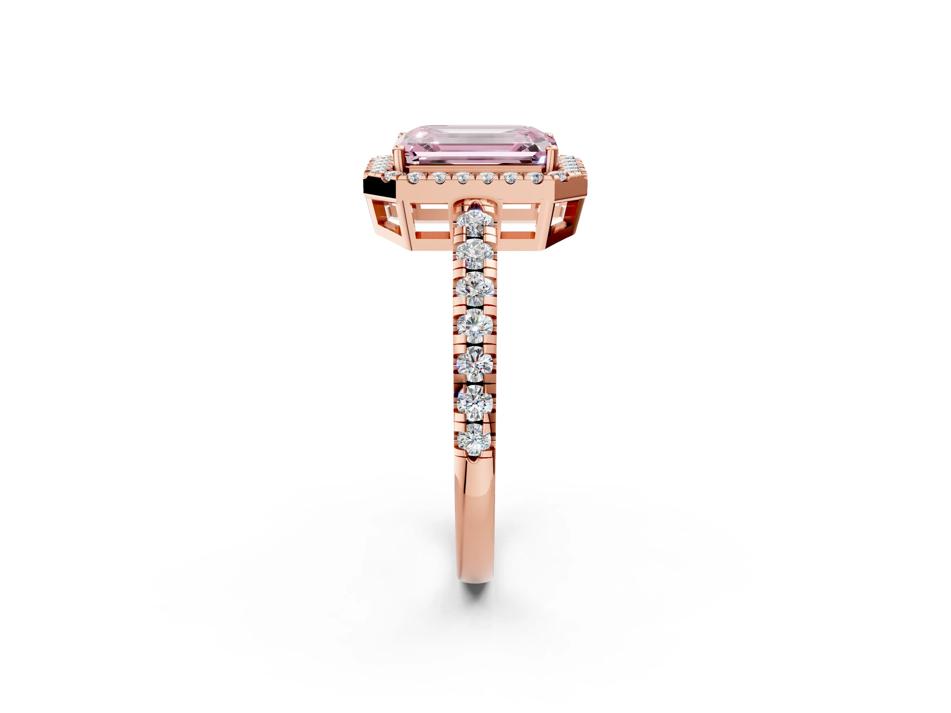 Rose gold Fancy Pink Emerald Cut Diamond Halo Ring with Pavé Band and Four-Prong Setting_2