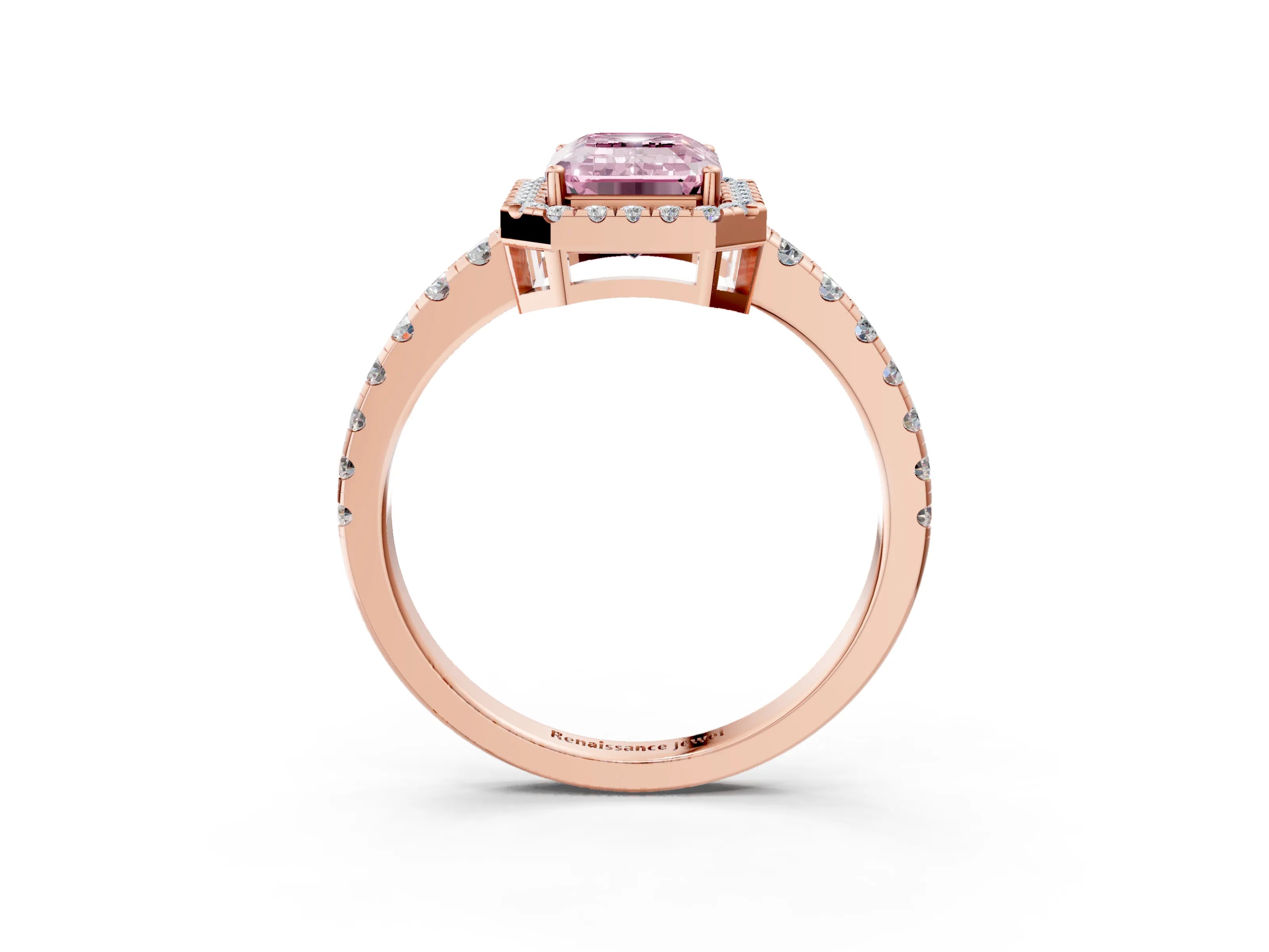 Rose gold Fancy Pink Emerald Cut Diamond Halo Ring with Pavé Band and Four-Prong Setting_3