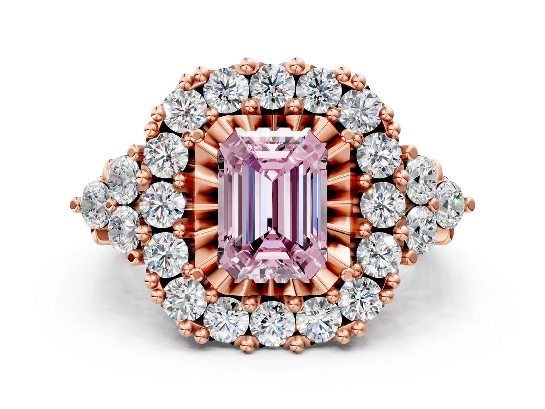 Rose gold Fancy Pink Emerald Cut Diamond Halo Ring with Pavé Band and Four-Prong Setting_41