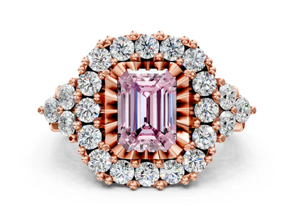 Rose gold Fancy Pink Emerald Cut Diamond Halo Ring with Pavé Band and Four-Prong Setting