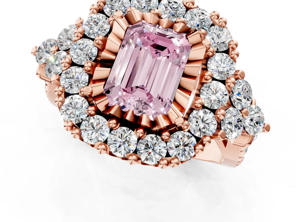 Rose gold Fancy Pink Emerald Cut Diamond Halo Ring with Pavé Band and Four-Prong Setting