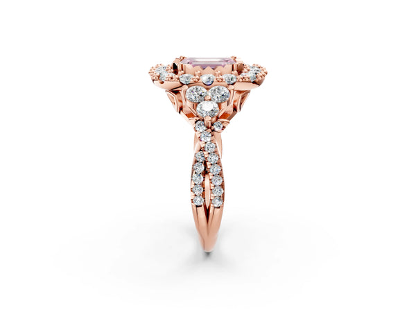 Rose gold Fancy Pink Emerald Cut Diamond Halo Ring with Pavé Band and Four-Prong Setting