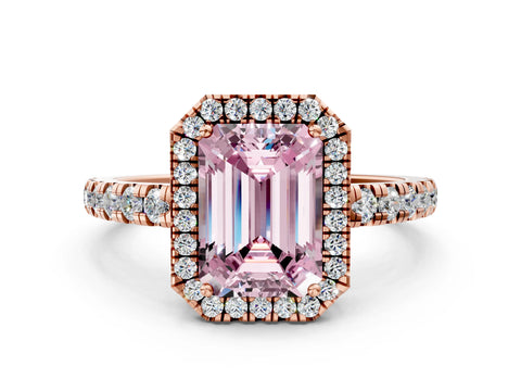 Rose gold Fancy Pink Emerald Cut Diamond Halo Ring with Pavé Band and Four-Prong Setting