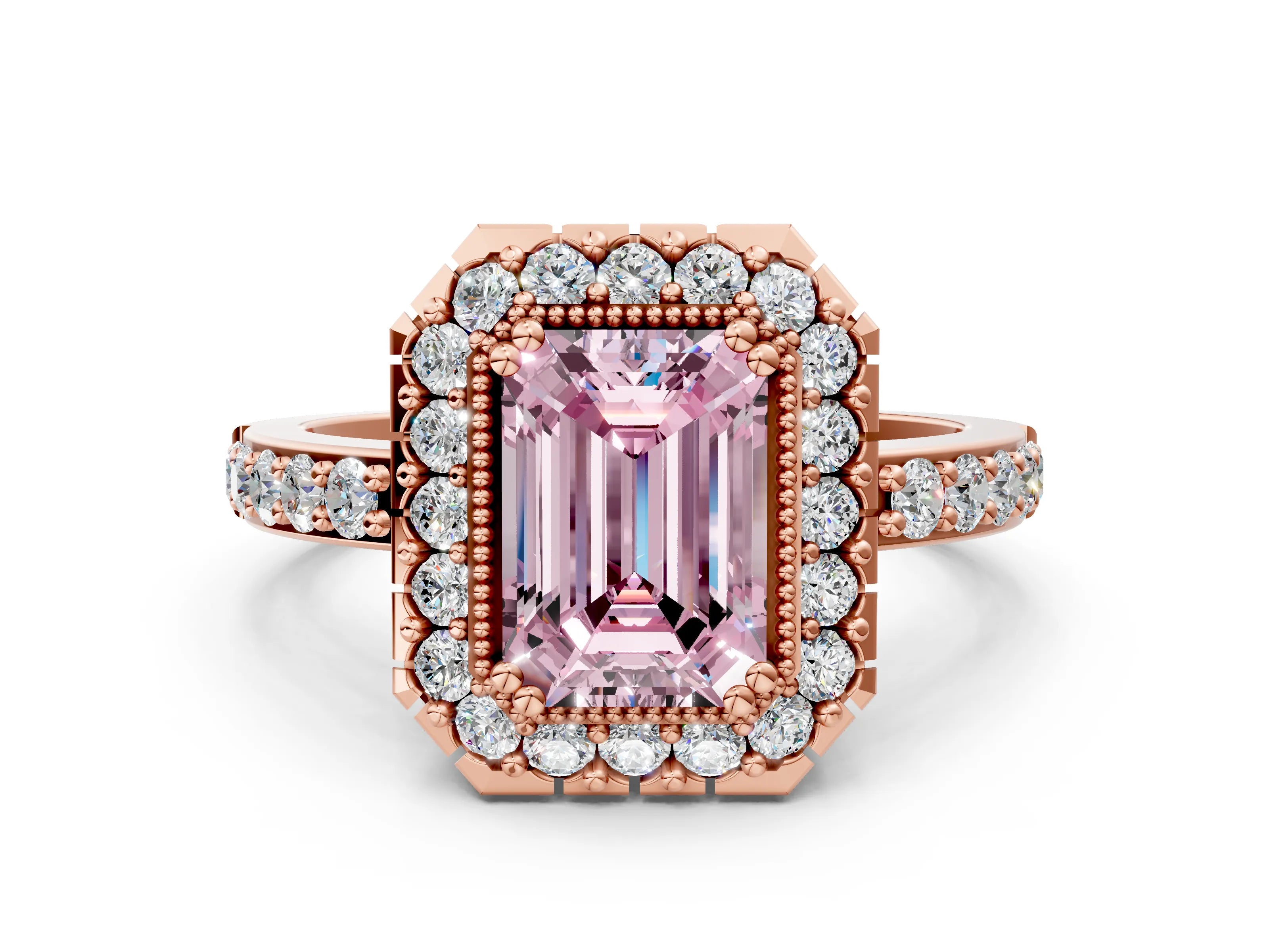 Rose gold Fancy Pink Emerald Cut Diamond Halo Ring with Pavé Band and Prong Setting