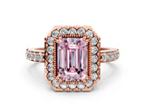 Rose gold Fancy Pink Emerald Cut Diamond Halo Ring with Pavé Band and Prong Setting