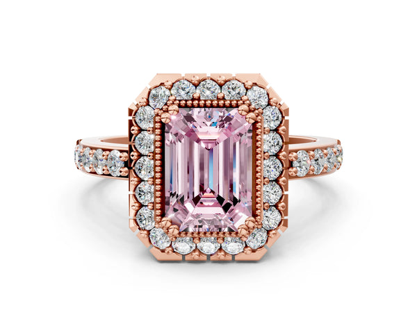 Rose gold Fancy Pink Emerald Cut Diamond Halo Ring with Pavé Band and Prong Setting
