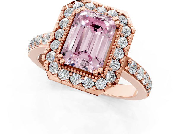 Rose gold Fancy Pink Emerald Cut Diamond Halo Ring with Pavé Band and Prong Setting