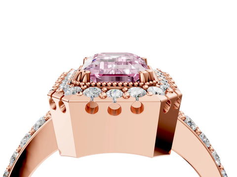Rose gold Fancy Pink Emerald Cut Diamond Halo Ring with Pavé Band and Prong Setting_4