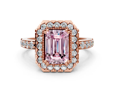 Rose gold Fancy Pink Emerald Cut Diamond Halo Ring with Pavé Band and Prong Setting