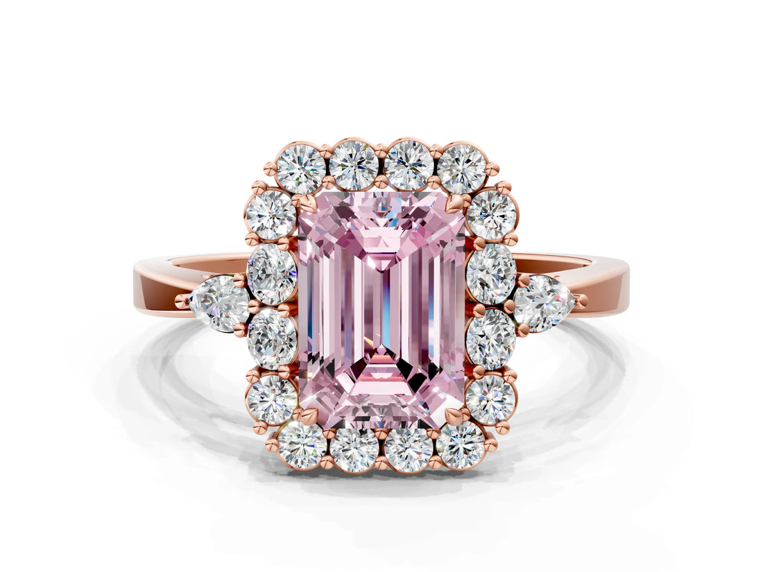 Rose gold Fancy Pink Emerald Cut Diamond Halo Ring with Pear Side Stones and Prong Setting_66