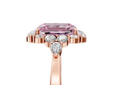 Rose gold Fancy Pink Emerald Cut Diamond Halo Ring with Pear Side Stones and Prong Setting_71