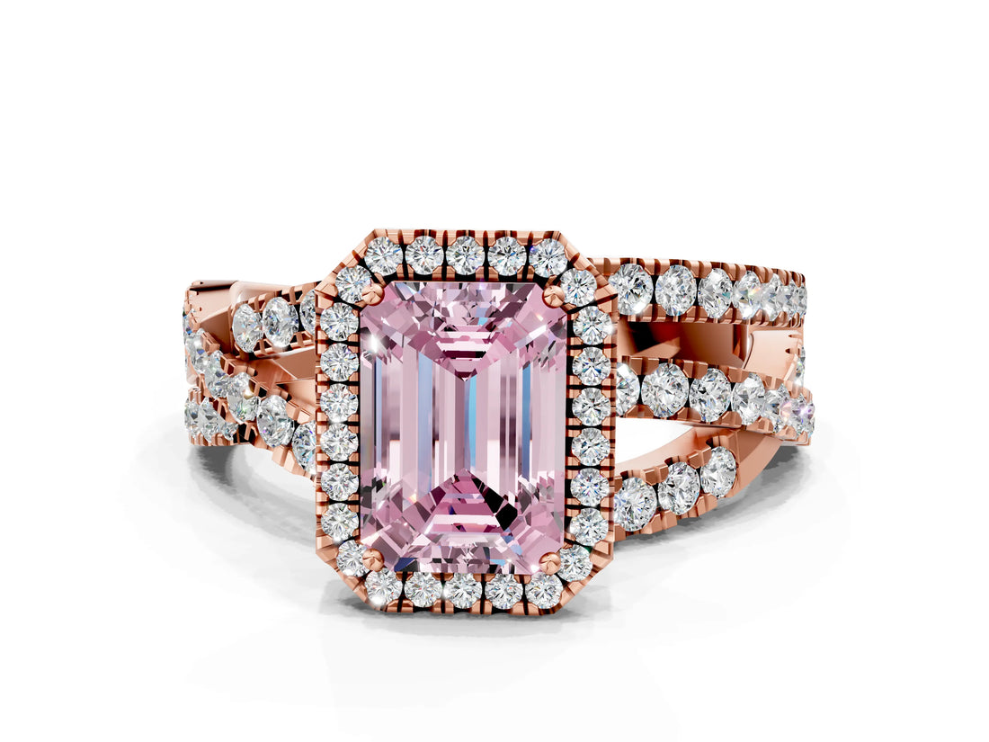 Rose gold Fancy Pink Emerald Cut Diamond Halo Ring with Round Split Shank and Prong Setting_36