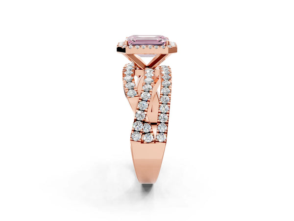 Rose Gold Emerald Cut Halo Twist Engagement Ring Setting for Fancy Pink Center