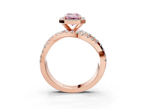 Rose Gold Emerald Cut Halo Twist Engagement Ring Setting for Fancy Pink Center
