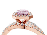 Rose gold Fancy Pink Emerald Cut Diamond Halo Ring with Round Split Shank and Prong Setting_40