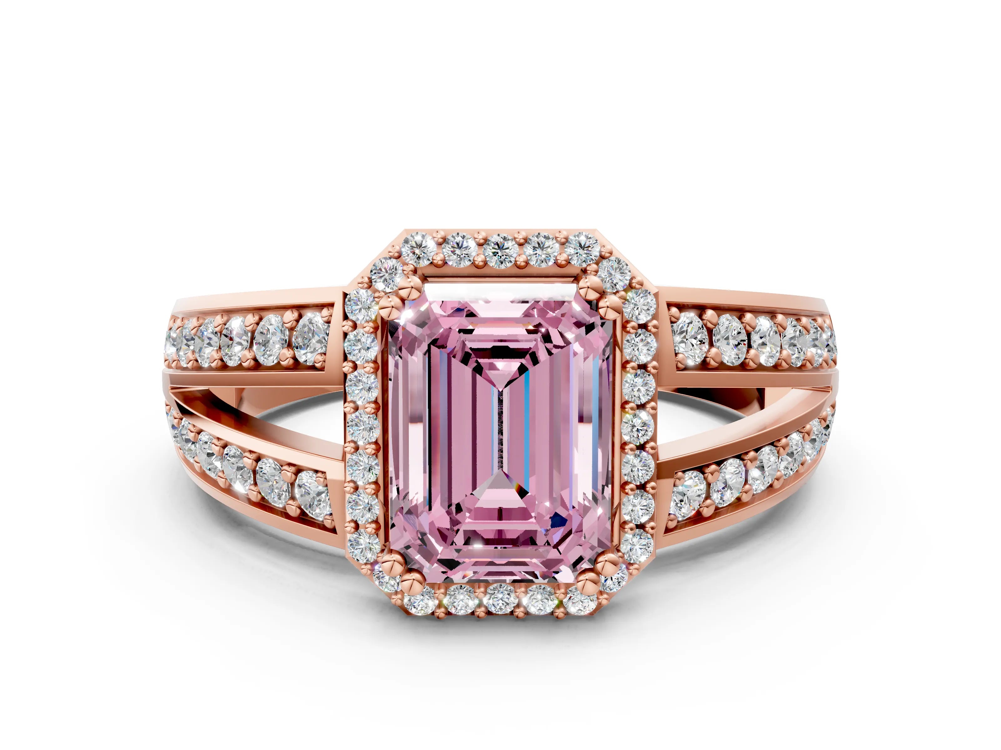 Rose gold Fancy Pink Emerald Cut Diamond Halo Ring with Split Shank Pavé Band and Four-Prong Setting