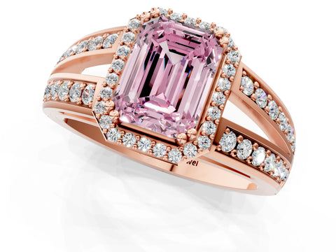 Rose gold Fancy Pink Emerald Cut Diamond Halo Ring with Split Shank Pavé Band and Four-Prong Setting_1