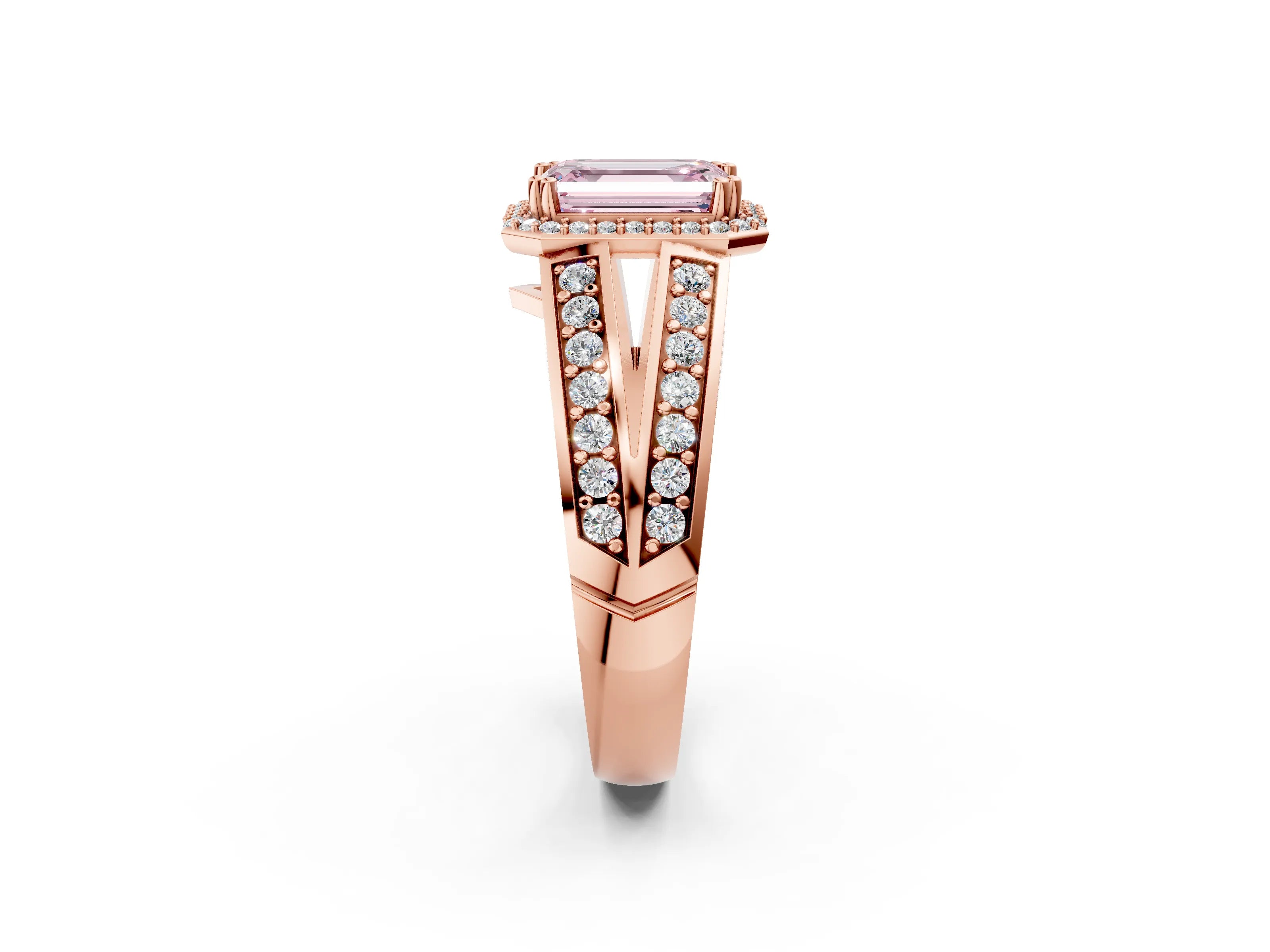 Rose gold Fancy Pink Emerald Cut Diamond Halo Ring with Split Shank Pavé Band and Four-Prong Setting_2