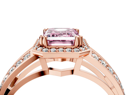 Rose gold Fancy Pink Emerald Cut Diamond Halo Ring with Split Shank Pavé Band and Four-Prong Setting_4