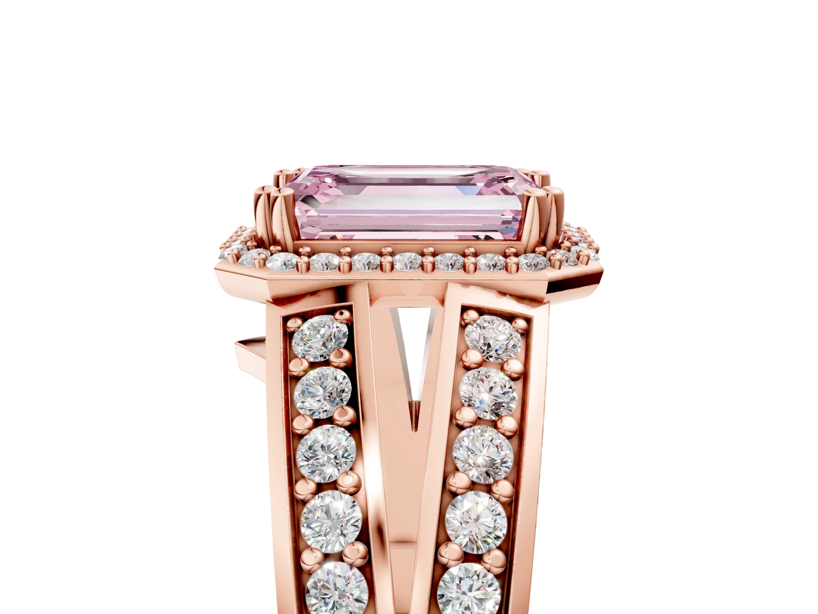 Rose gold Fancy Pink Emerald Cut Diamond Halo Ring with Split Shank Pavé Band and Four-Prong Setting_5