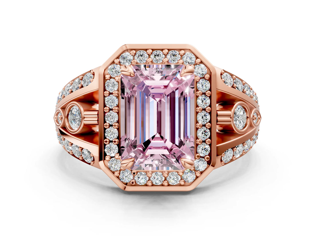 Rose gold Fancy Pink Emerald Cut Diamond Halo Ring with Split Shank and Bezel Accents and Four-Prong Setting