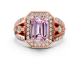 Rose gold Fancy Pink Emerald Cut Diamond Halo Ring with Split Shank and Bezel Accents and Four-Prong Setting