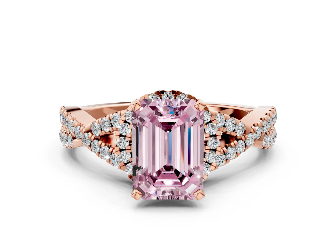 Rose gold Fancy Pink Emerald Cut Diamond  Halo Twist Band Solitaire Prong Setting Ring_36
