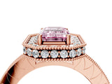 Rose gold Fancy Pink Emerald Cut Diamond Milgrain Halo Engagement Ring with Round Pavé Band and Prong Setting_16