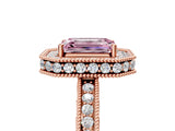 Rose gold Fancy Pink Emerald Cut Diamond Milgrain Halo Engagement Ring with Round Pavé Band and Prong Setting_17