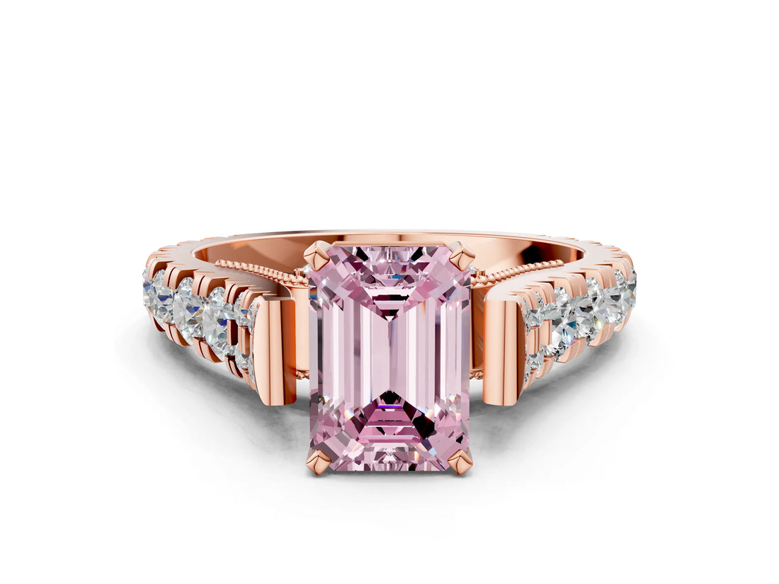 Rose gold Fancy Pink Emerald  Cut Diamond Pavé Band Solitaire with Four-Prong Setting_15