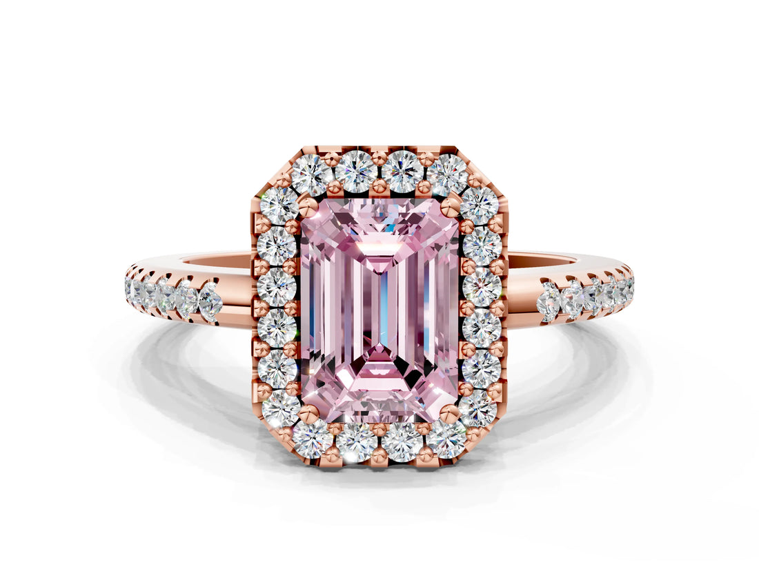 Rose gold Fancy Pink Emerald Cut Diamond Pavé Halo Ring with Four-Prong Setting_36
