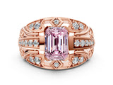 Rose gold Fancy Pink Emerald Cut Diamond Pave Art Deco Split Shank Ring with Four-Prong Setting
