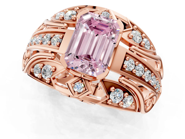 Rose gold Fancy Pink Emerald Cut Diamond Pave Art Deco Split Shank Ring with Four-Prong Setting