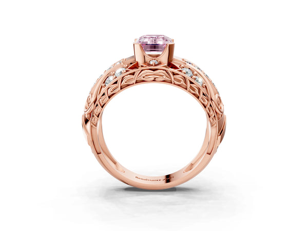 Rose gold Fancy Pink Emerald Cut Diamond Pave Art Deco Split Shank Ring with Four-Prong Setting