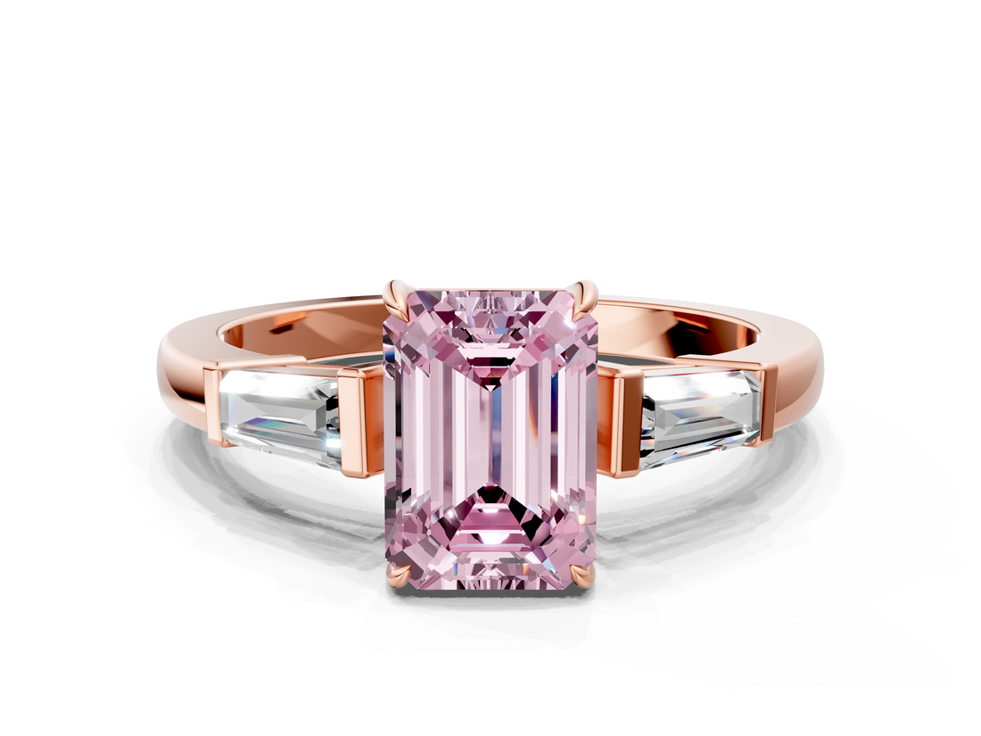 Rose gold Fancy Pink Emerald  Cut Diamond Ring with Tapered Baguette Side Stones in Four-Prong Setting_3