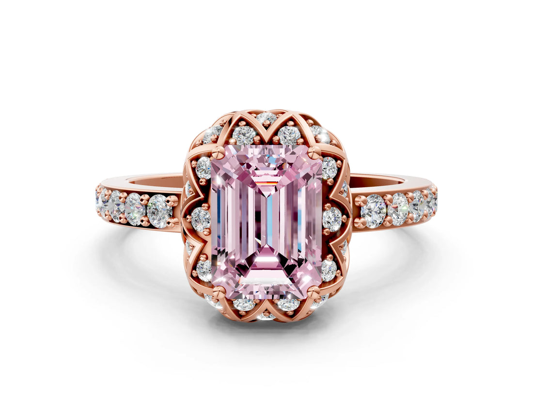 Rose gold Fancy Pink Emerald Cut Diamond Scalloped Halo Engagement Ring with Round Shared Prong Band_12