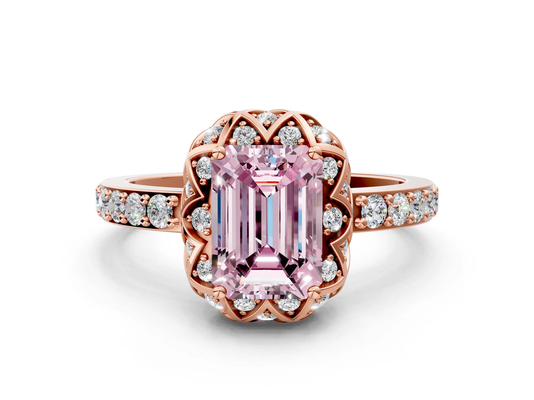 Rose gold Fancy Pink Emerald Cut Diamond Scalloped Halo Engagement Ring with Round Shared Prong Band_24