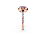 Rose gold Fancy Pink Emerald Cut Diamond Scalloped Halo Engagement Ring with Round Shared Prong Band_26