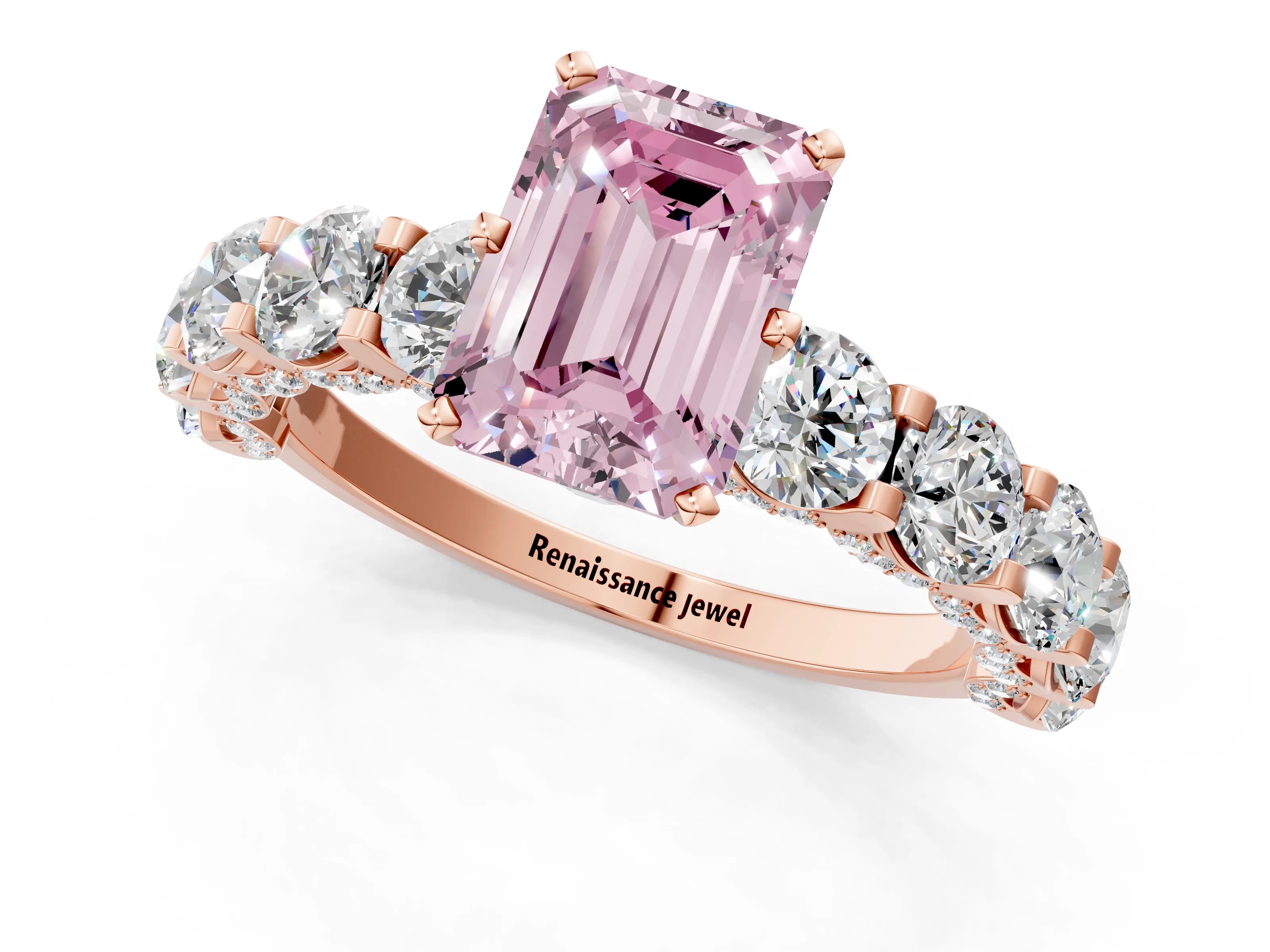Rose gold Fancy Pink Emerald Cut Diamond Side Stone Engagement Ring with Four-Prong Setting_25